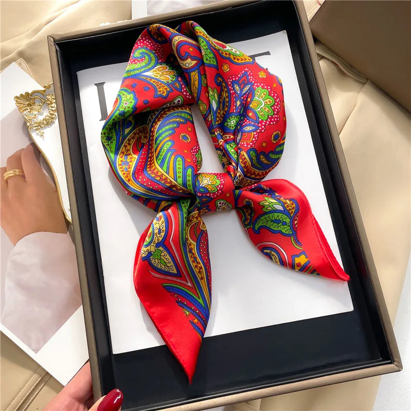 New Paisley Houndstooth Printed Square Scarf Coffee Color Thin Smooth Neck Scarf Vintage Style Sunscreen Headscarf For Women