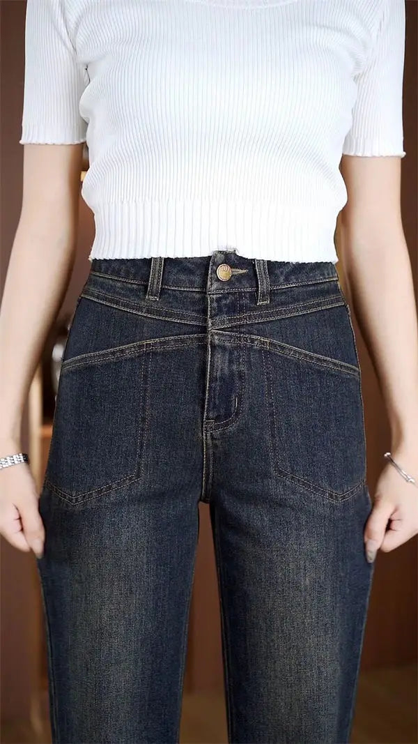 Women's Narrow Straight Leg Jeans  Fall Winter New Plush Lined Thick Korean Retro Relaxed Casual Trousers High Waist Flattering