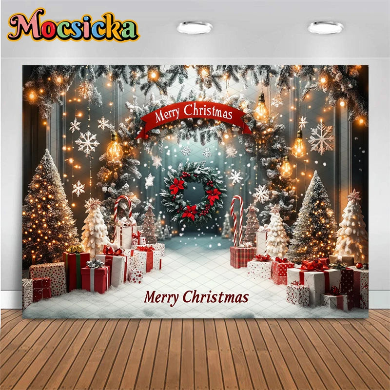 Christmas Photography Background Xmas Tree Gifts Snowflake Decoration
