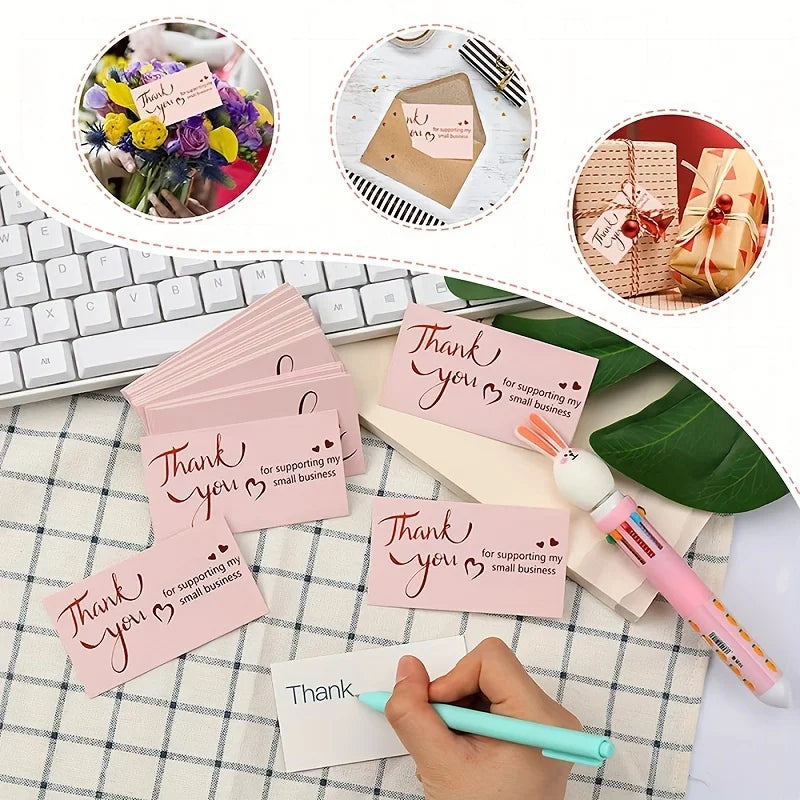 1100/2200pcs Thank You Cards Set - Pink Golden Foil Small Business Cards And Stickers For Retail Store Package Envelope Seals