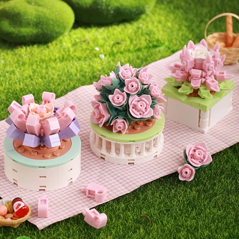Bouquet Moc Block Flower Succulents Bonsai Potted Building Blocks Romantic Kit Assembly Bricks Toys For Kids Girl Christmas Gift - trendingshoping.com