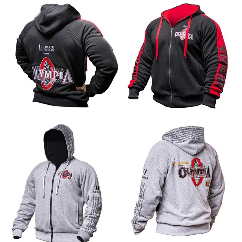2026 New OLYMPIA Men Gyms Hoodies Gyms Fitness Bodybuilding Sweatshirt Pullover Sportswear Male Workout Hooded Jacket Clothing