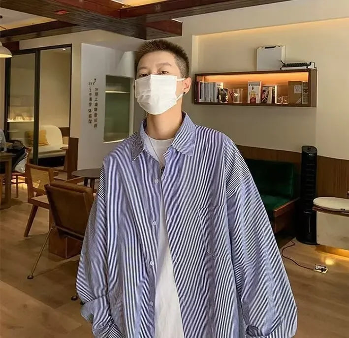 Men's Long Sleeve Oxford Cloth Shirt - Casual Striped Workwear Jacket Style