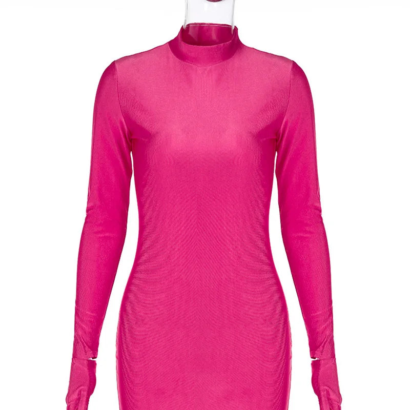 Women’s Solid Long Sleeve Bodycon Mini Dress with Gloves Half Turtleneck Party Y2K