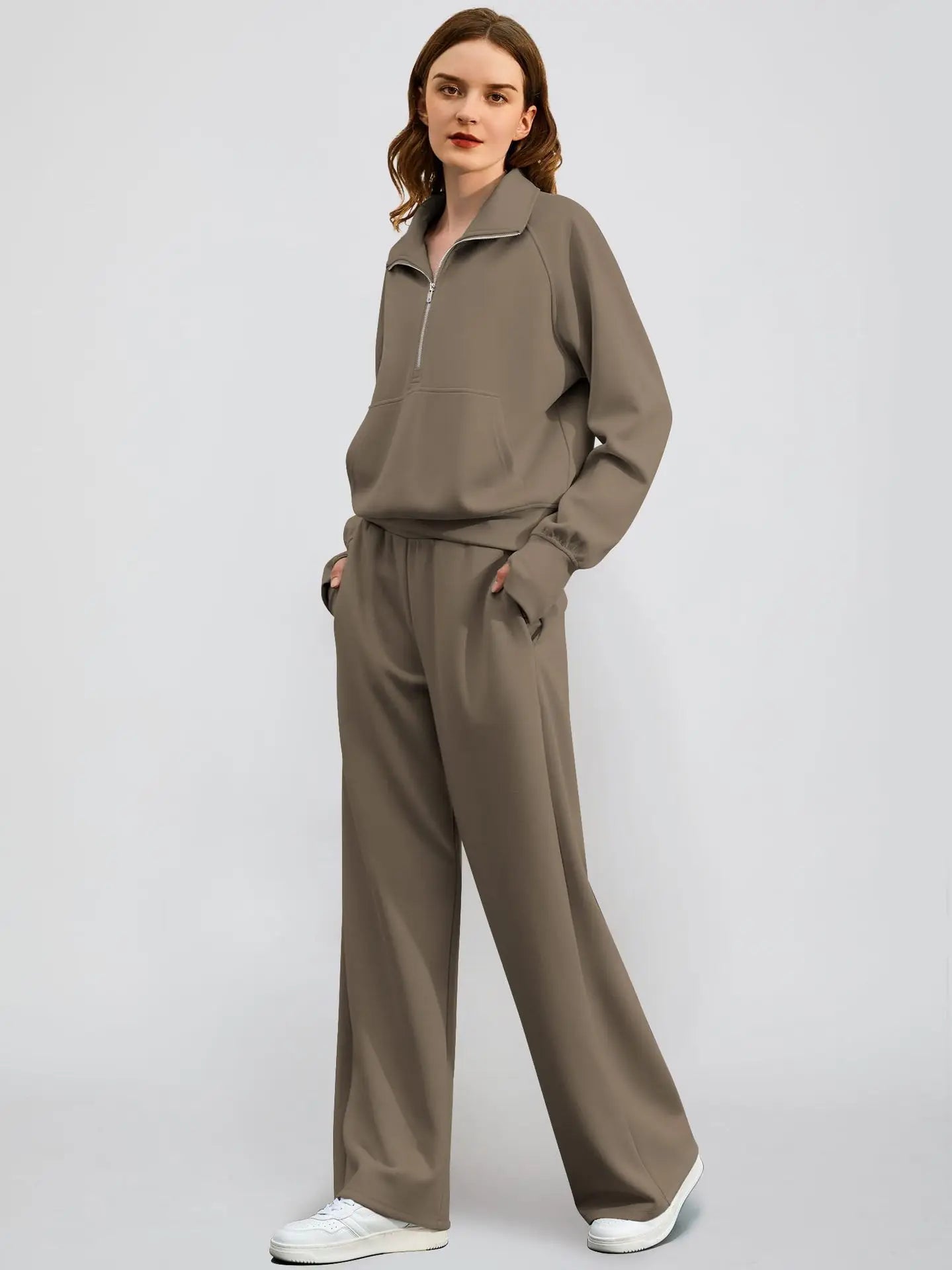 Women’s Solid Color Half Zip Sweatshirt and Wide Leg Pants Set Casual Sporty Outfit
