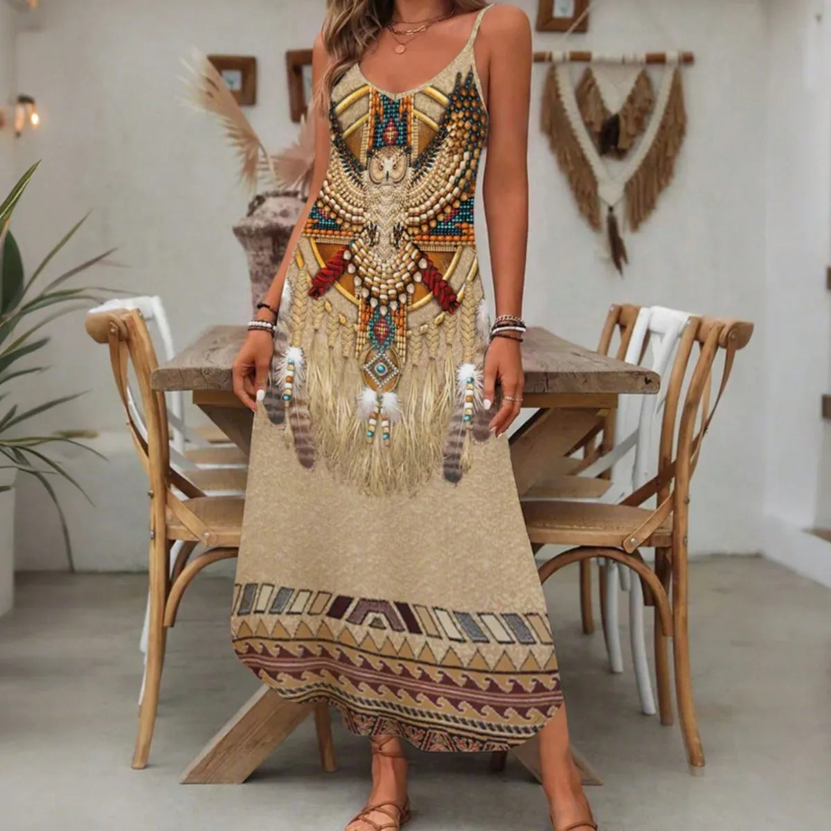 Women's Fashion Western Ethnic Print Casual Suspender Dress