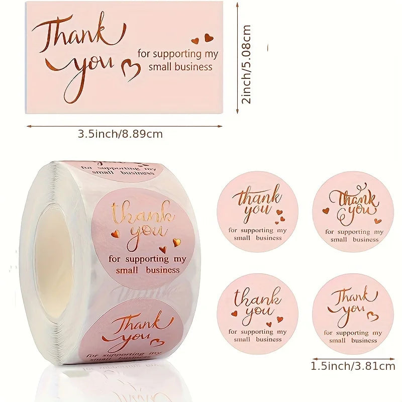 1100/2200pcs Thank You Cards Set - Pink Golden Foil Small Business Cards And Stickers For Retail Store Package Envelope Seals