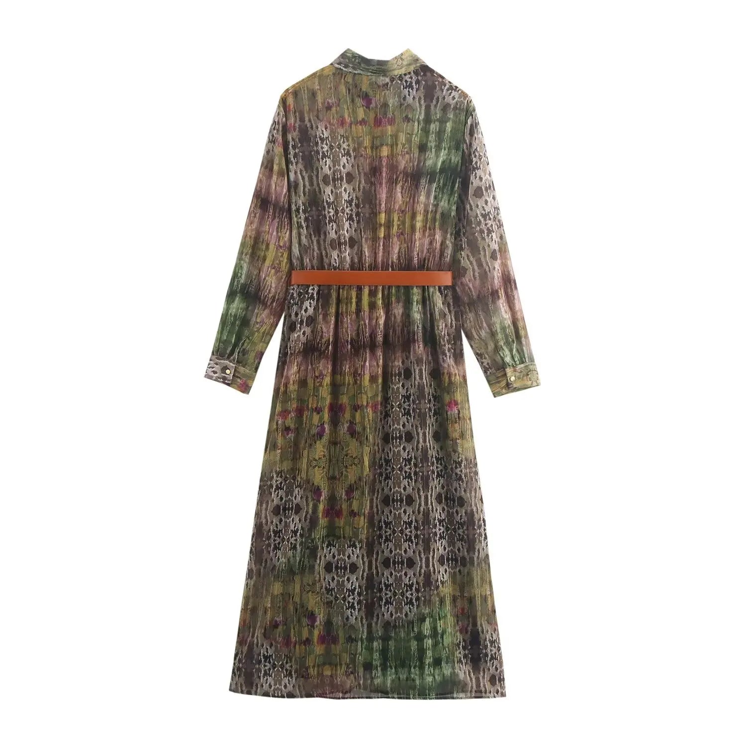 European And American Style Foreign Trade New Sweet And Western Style Dress With Belt And Metal Color Line Printed Dress