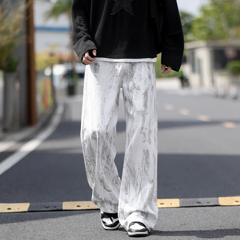 Jeans Mens Classic Straight Leg Jeans White Tie Dye Denim Pants Unisex Fashion Casual Trousers Streetwear Hip Hop Style Washed - trendingshoping.com