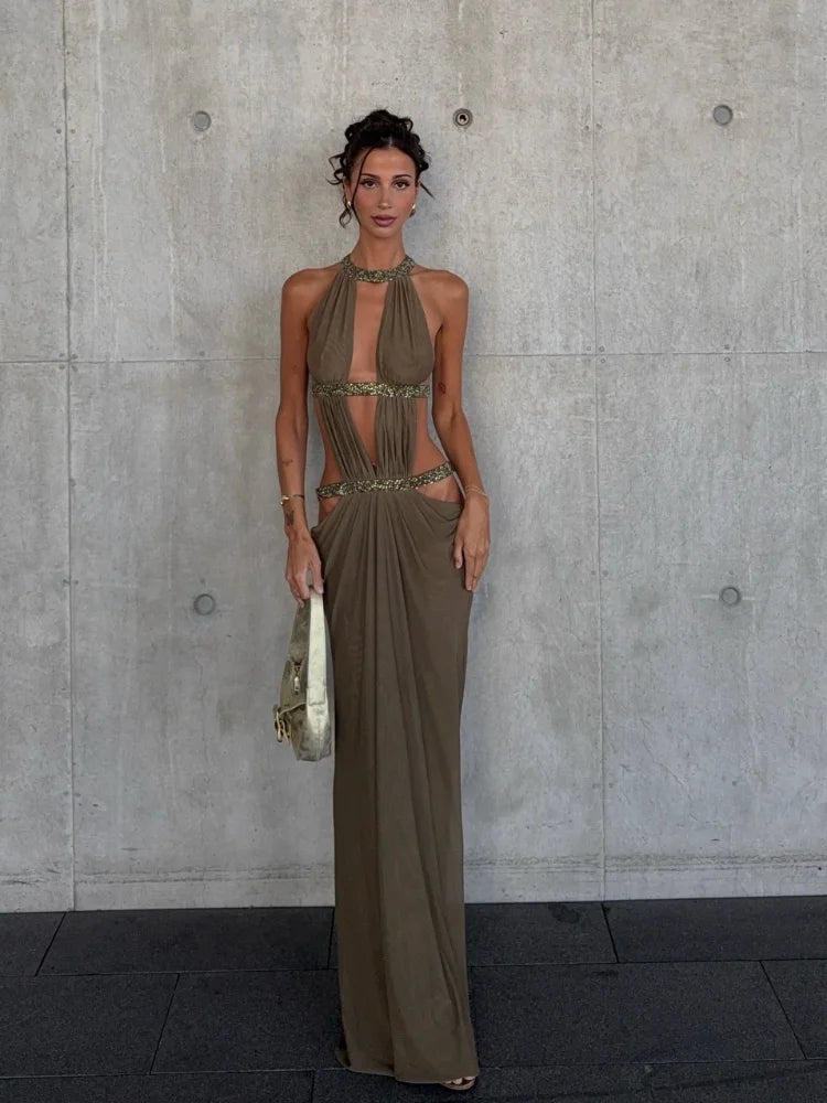 Women’s Sequin Halter Neck Sleeveless Backless Evening Maxi Dress