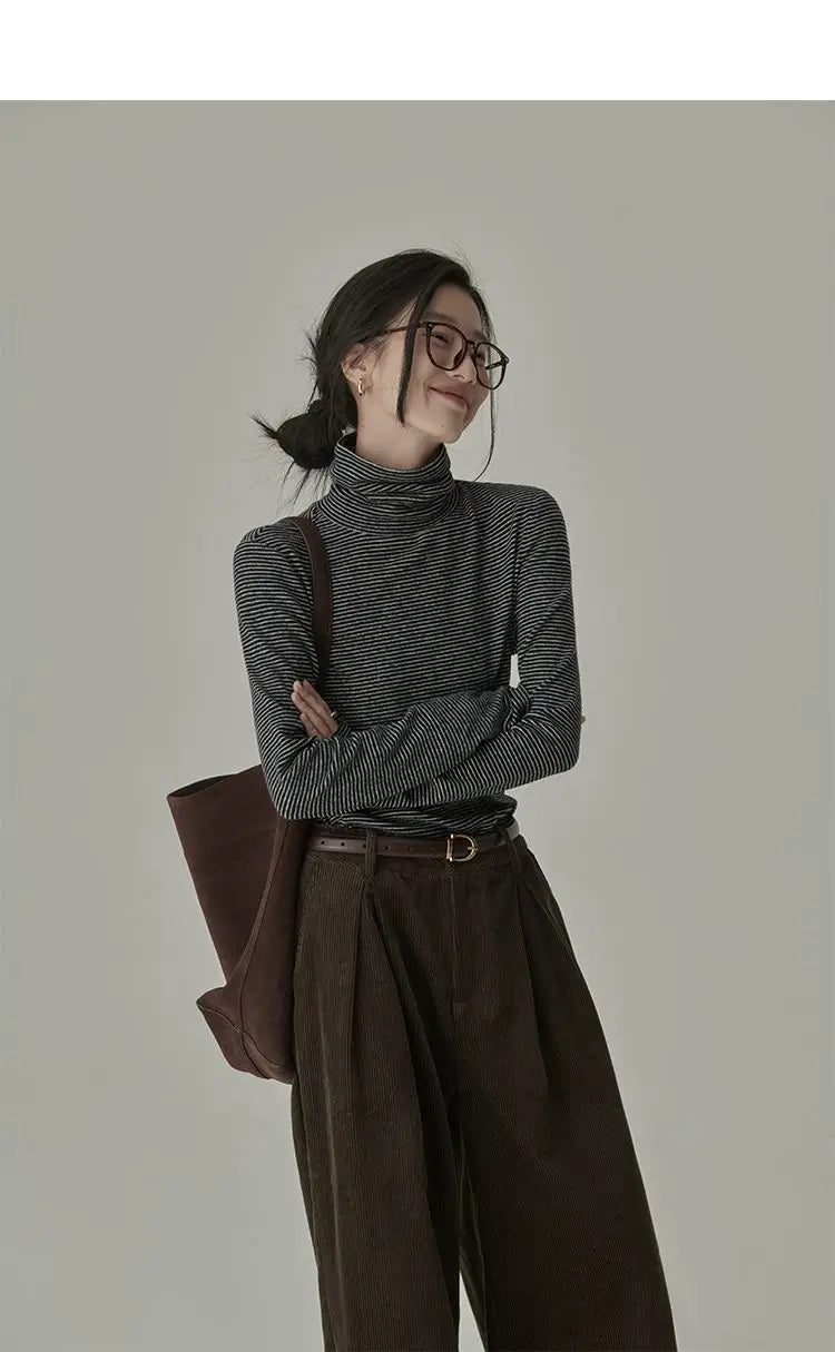 Striped T-shirts Women Spring Cozy Long Sleeved All-match Daily Elegant Classic Turtleneck Tops Hot Sales Korean Style Clothing