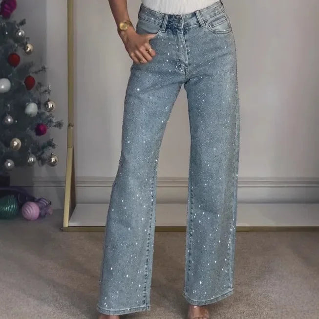 Jeans for Women Straight Diamonds Pants Stretch High Waist Washed Mom Jeans Vintage Denims Streetwear Y2k Streetwear Trousers - trendingshoping.com