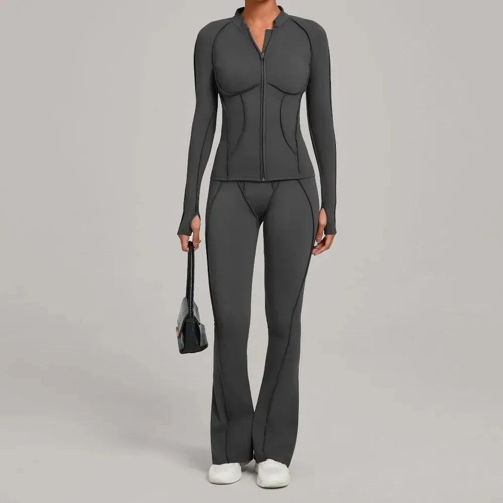 Women’s 2-Piece Zipper Gym Set - Long Sleeve Tracksuit & High-Waist Yoga Pants