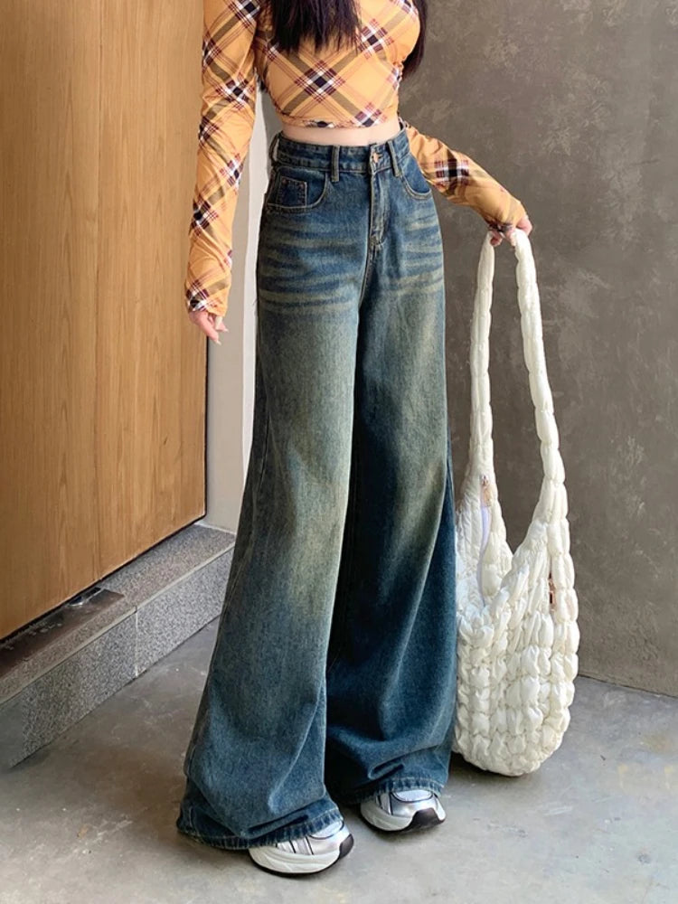 Womens Jeans Denim Pants 2025 Euramerican High Waist Girl Style Colorful Straight Leg Wide Leg Trousers