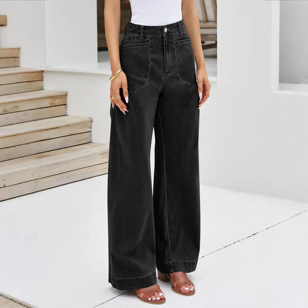 Womens High Waist Spring Wide Leg Straight Jeans Retro Style