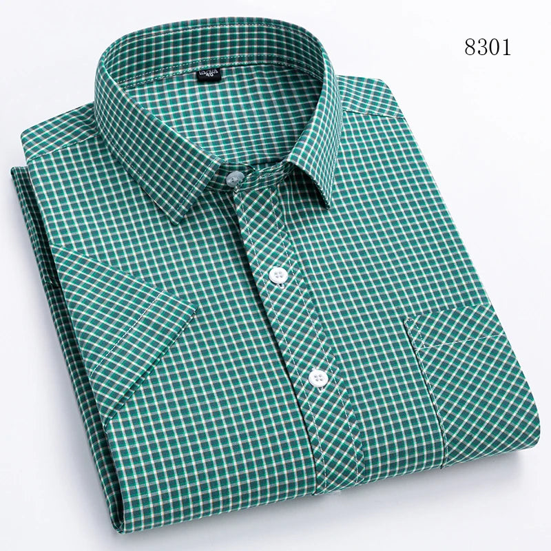 Men's Casual Cotton Plaid Shirt – Short Sleeve Summer Shirt, Elegant Business & Smart Dress Shirt, England Fashion Top