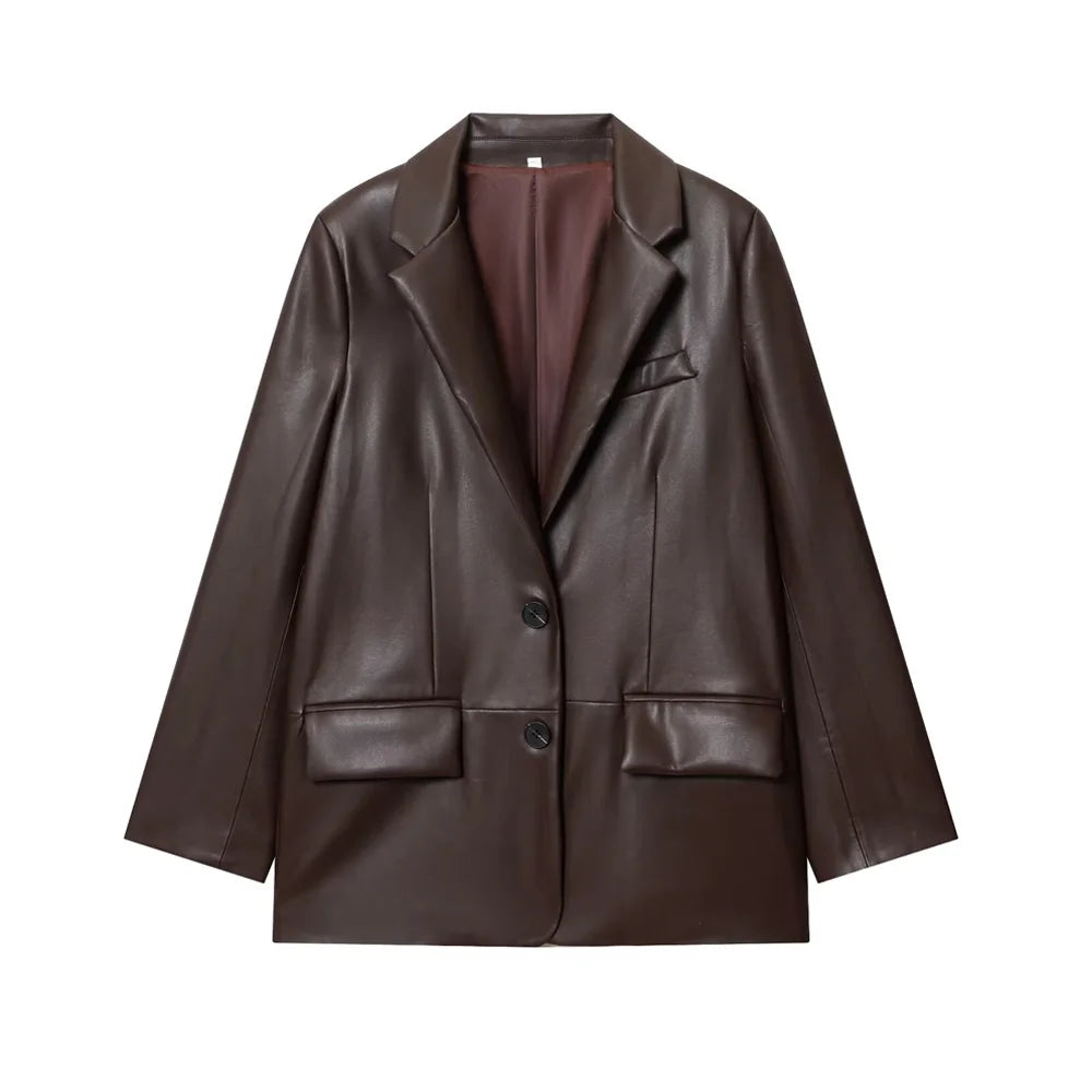 Women's Fashion Faux Leather Blazer – Loose Fit Old Money Style, Long Sleeve Front Button Chic Outerwear Top