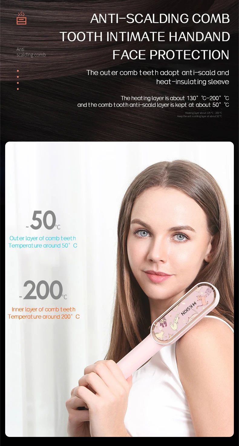 KSKIN 2-in-1 Hair Straightener Brush - Ionic Ceramic Hair Flat Iron Comb,Pink