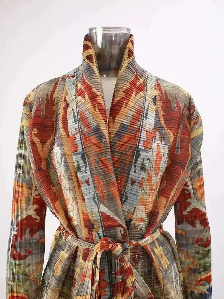 LANMREM Fashion Designer Print Pleated Windbreaker Women Scraf Collar Belt Gathered Waist Contrast Color 2024 New Coat 32C1261 - trendingshoping.com