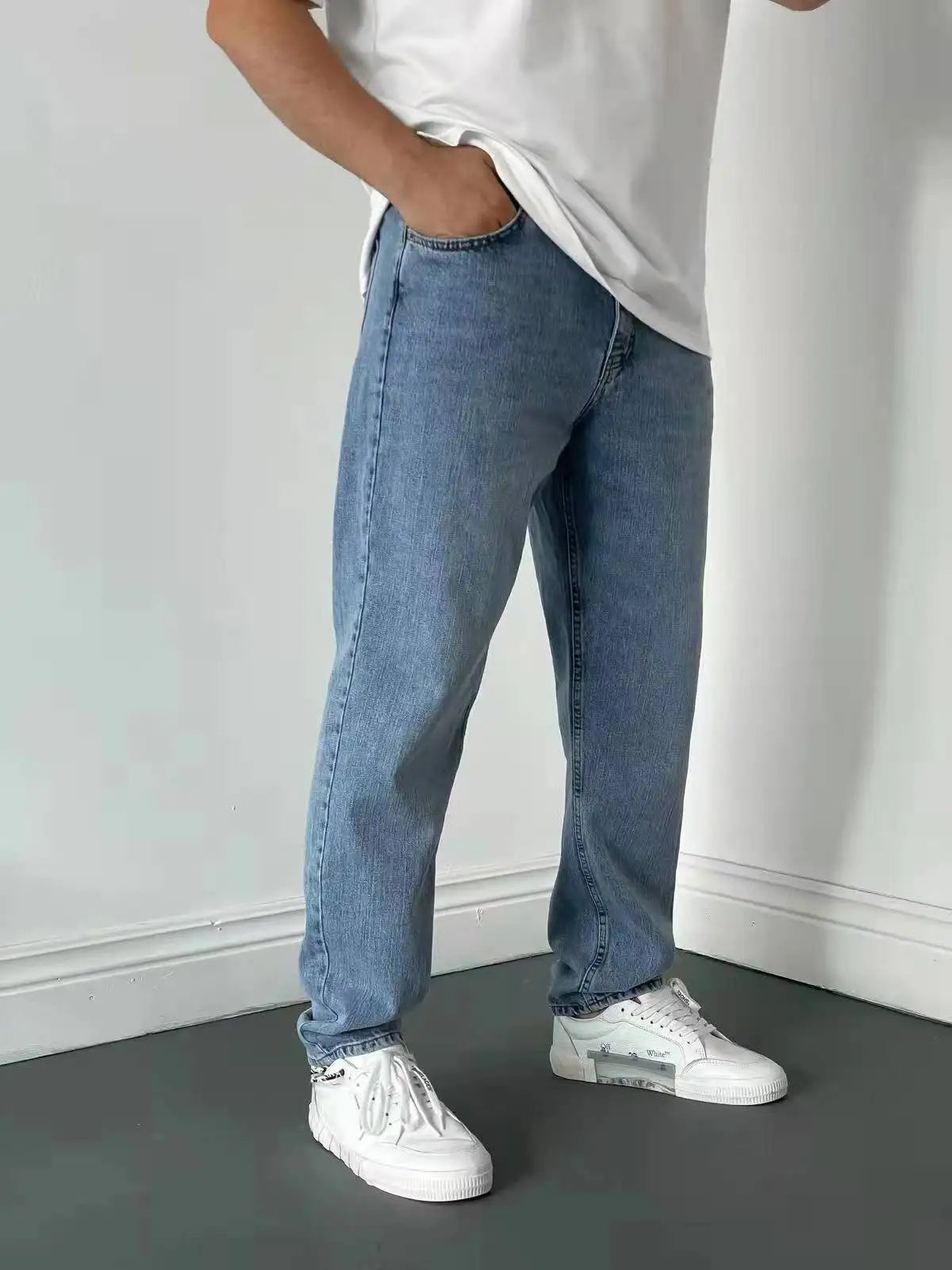 Men Comfortable Straight Casual Jeans Male Soft Baggy Outside Denim Pants Classic Elastic Waist Solid Office Work Denim Trousers - trendingshoping.com