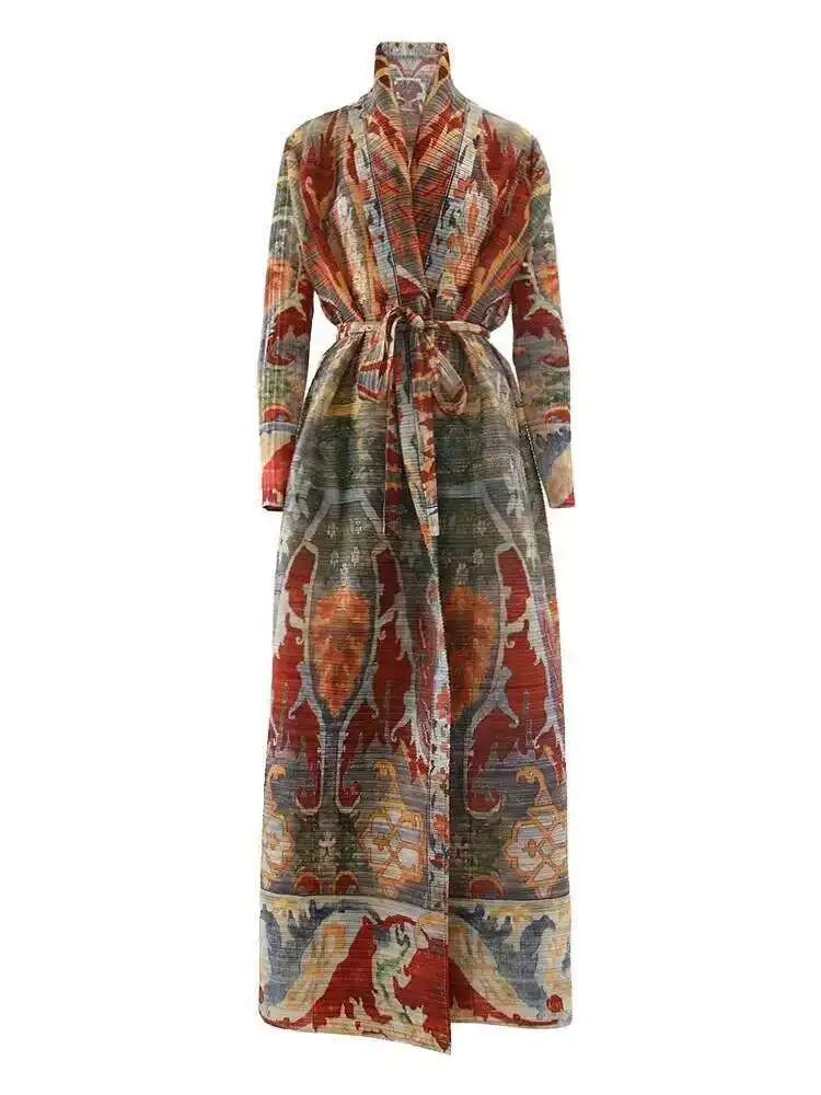 LANMREM Fashion Designer Print Pleated Windbreaker Women Scraf Collar Belt Gathered Waist Contrast Color 2024 New Coat 32C1261 - trendingshoping.com