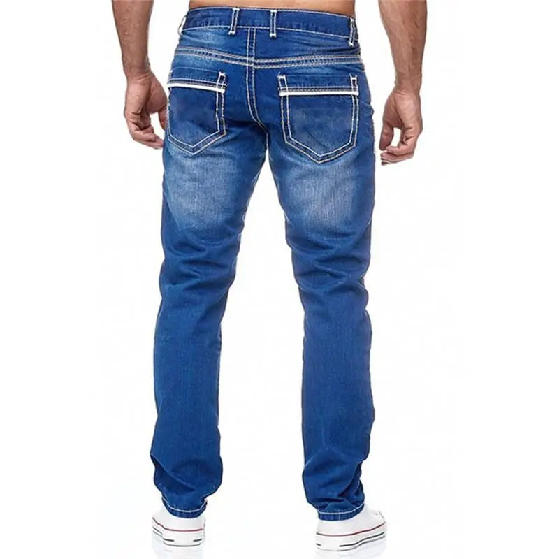 Men's Straight Leg Loose Jeans - Washed Denim Streetwear Trousers, Blue