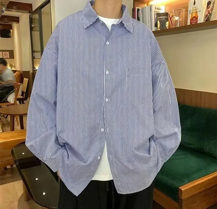 Men's Long Sleeve Oxford Cloth Shirt - Casual Striped Workwear Jacket Style