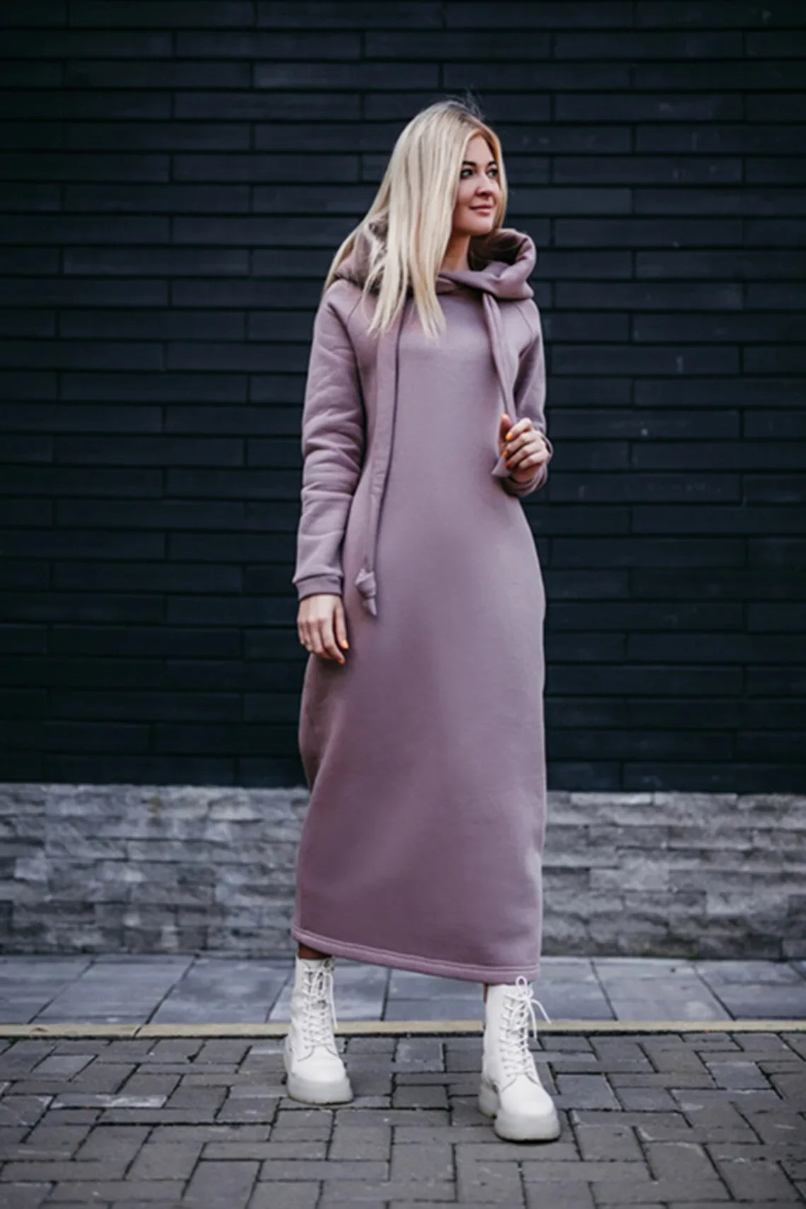 Women Fashion  New Loose Large Knitted Hooded Autumn Winter Long Dress Velvet Hoodie Dress Casual Dress Splicing Warm Dress