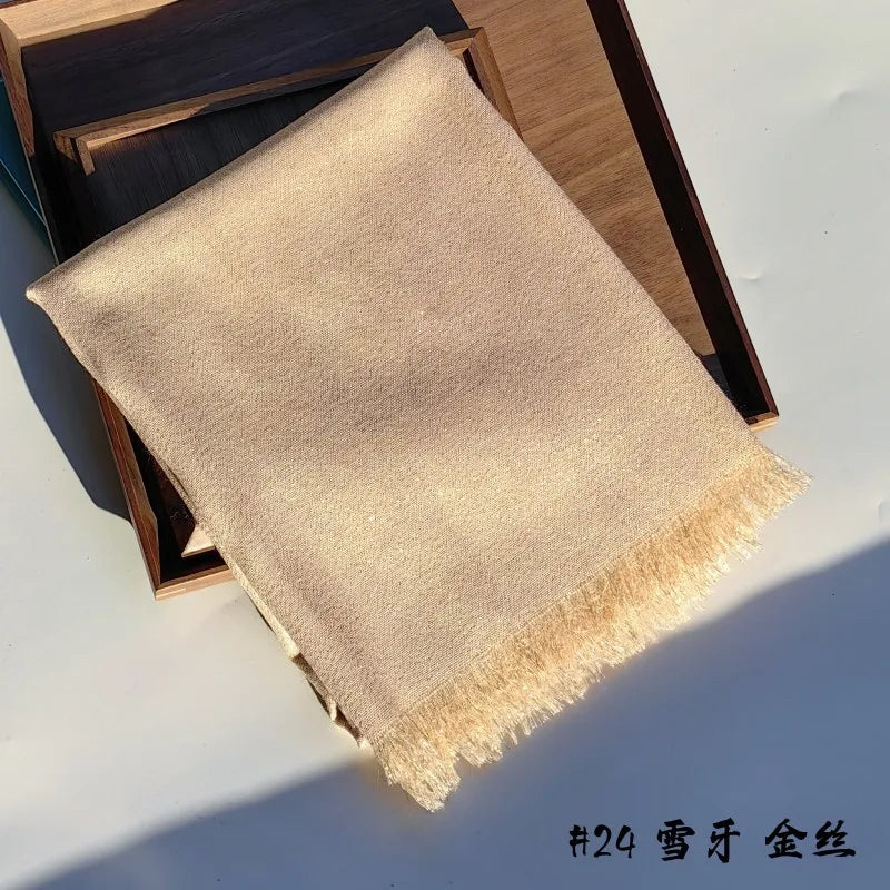 Lastest Brand Design Scarf Shiny Solid Color Shawls Rayon Fabric Gold Silk Silver Wire Head Shawl Fringe Hijab For Women