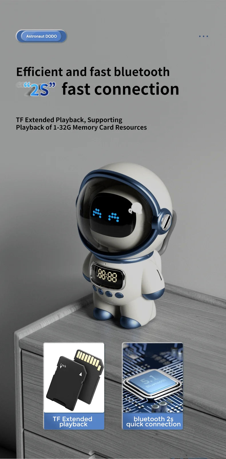 Smart Astronaut Bluetooth Speaker with Night Light, FM Radio, Portable Wireless Subwoofer Speaker