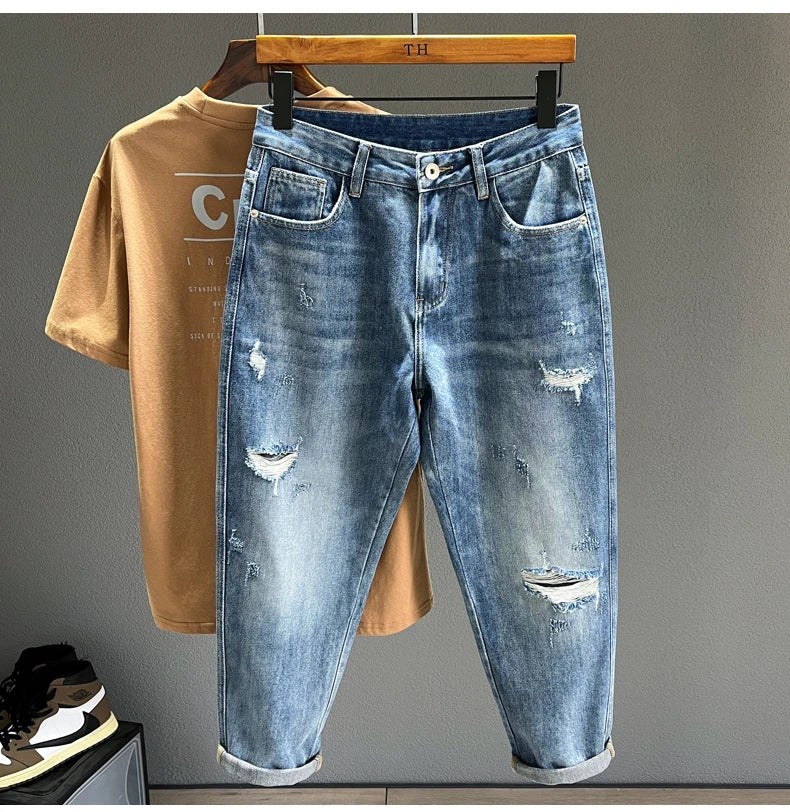 Ripped Jeans Men New Personality Fashion Vintage Blue Streetwear Baggy Denim Pants Casual Tapered Hole Frayed Trousers Male