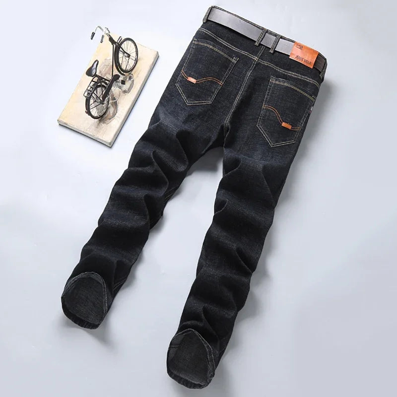 Men's Classic Straight Leg Stretch Jeans - Casual Work Denim Trousers in Blue & Black
