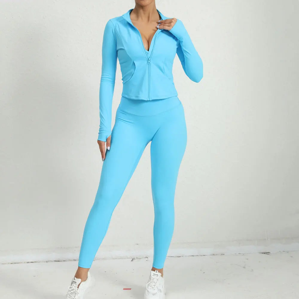 Women’s 2-Piece Yoga Gym Set - Zip-Up Sports Jacket & High-Waist Leggings