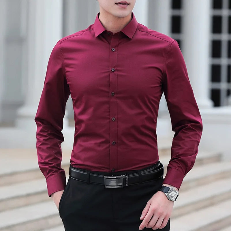 Men’s Solid Color Slim Fit Long Sleeve Business Casual Formal Shirt No Iron