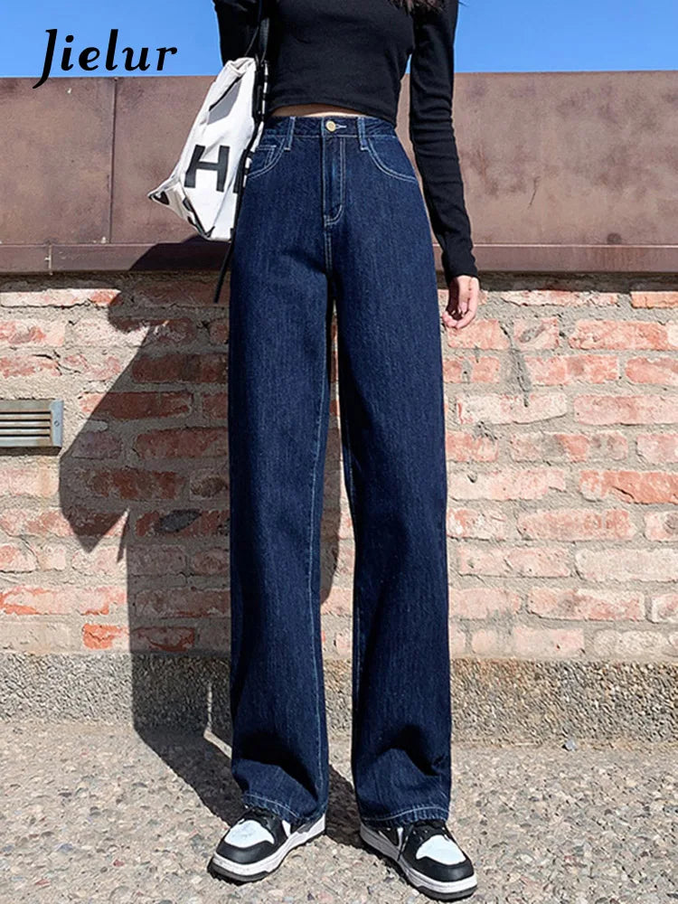 Jielur Dark Blue High Waist Washed Straight Wide Leg Womens Jeans Solid Color