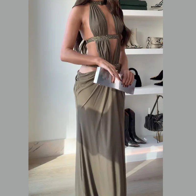 Women’s Sequin Halter Neck Sleeveless Backless Evening Maxi Dress