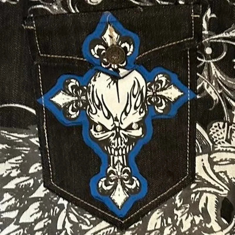 Mens Embroidered Hip Hop Wide Leg Y2K Mid Waist Gothic Retro Fashion Trousers