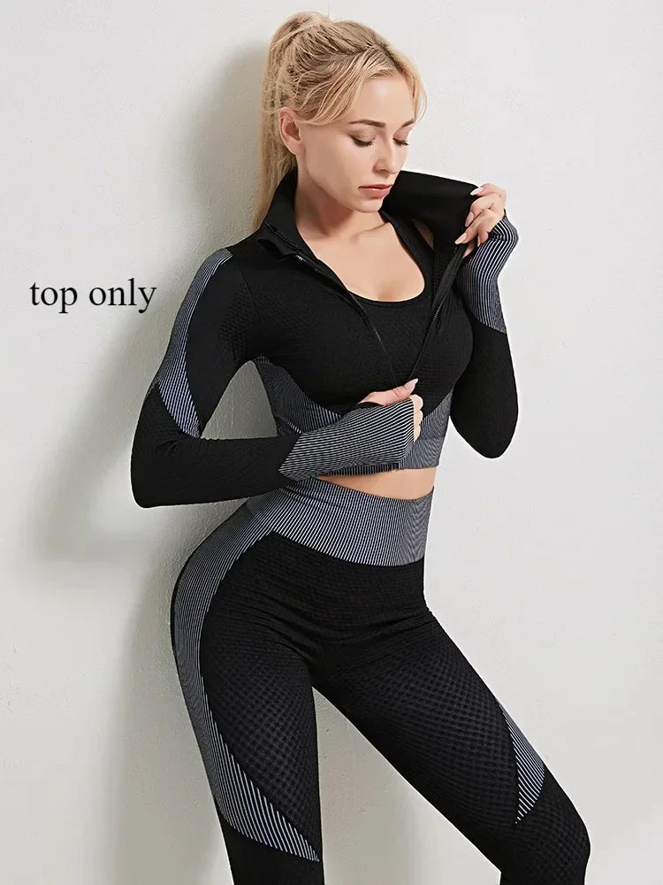 Yoga Clothes Gym Wear Women Fitness Clothing Outfit Workout Zipper Sportswear Long Sleeve Crop Bra Top Leggings Seperately Sold