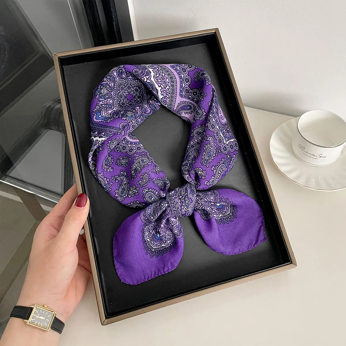 Women’s Square Scarf 70×70cm – Paisley Print Cotton Texture Shawl Headband & Neck Bandana