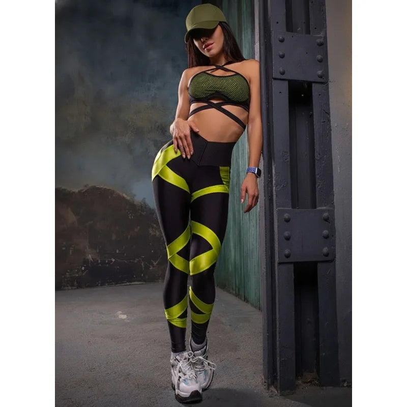 Women’s 2-Piece Mesh Yoga Set - Lace-Up Sports Bra & High Waist Leggings