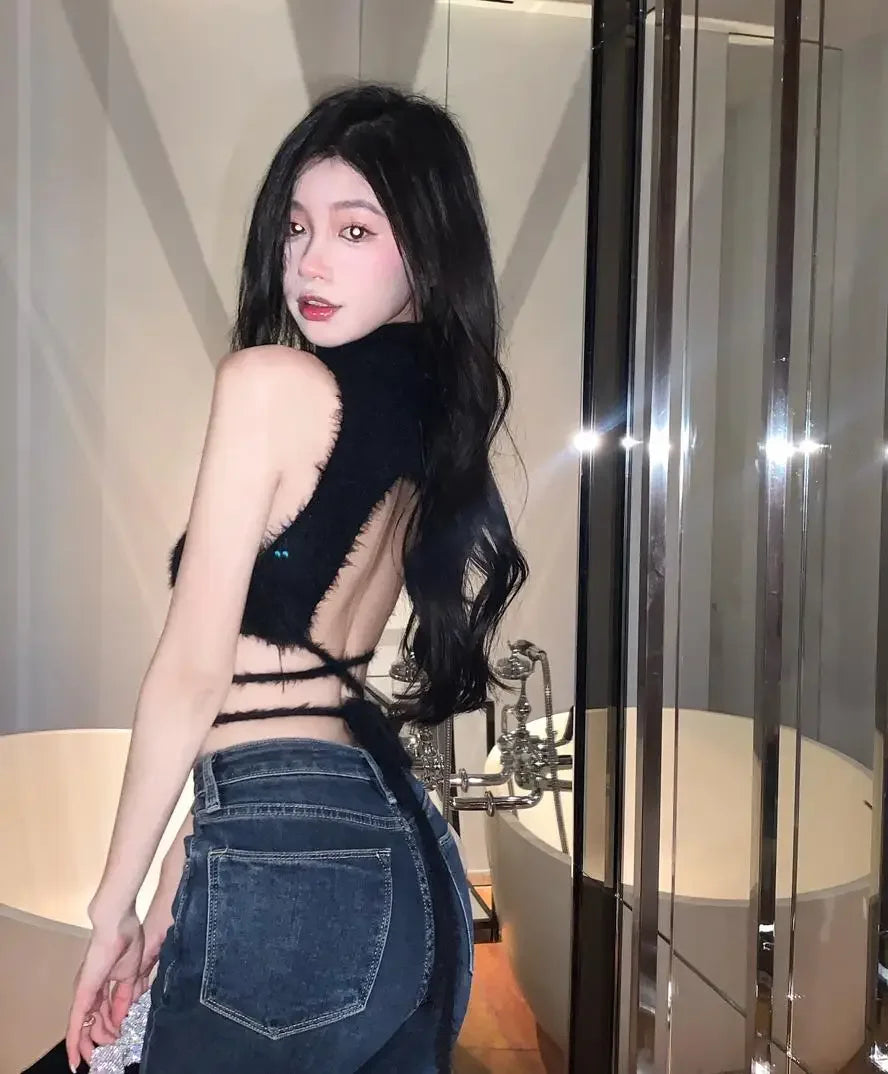 Women Knit Halter Crop Top Furry Lace Up Sleeveless