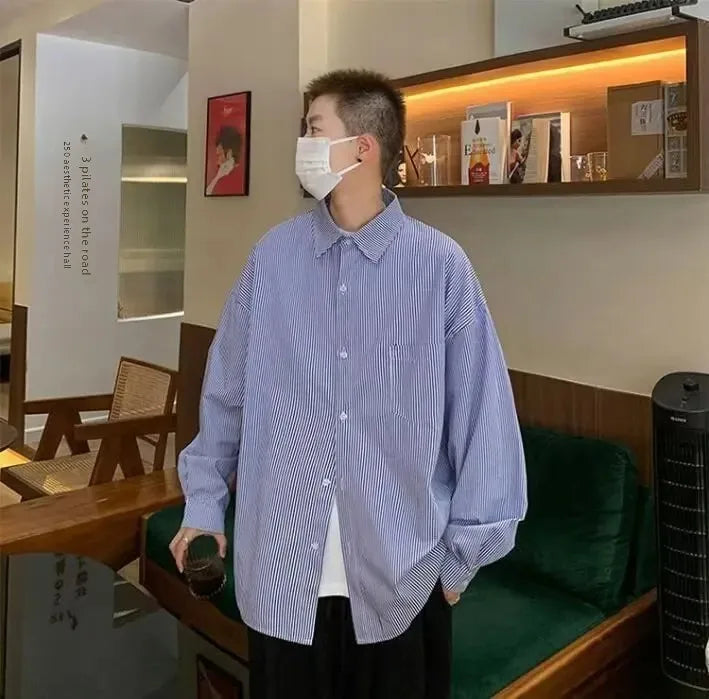 Men's Long Sleeve Oxford Cloth Shirt - Casual Striped Workwear Jacket Style