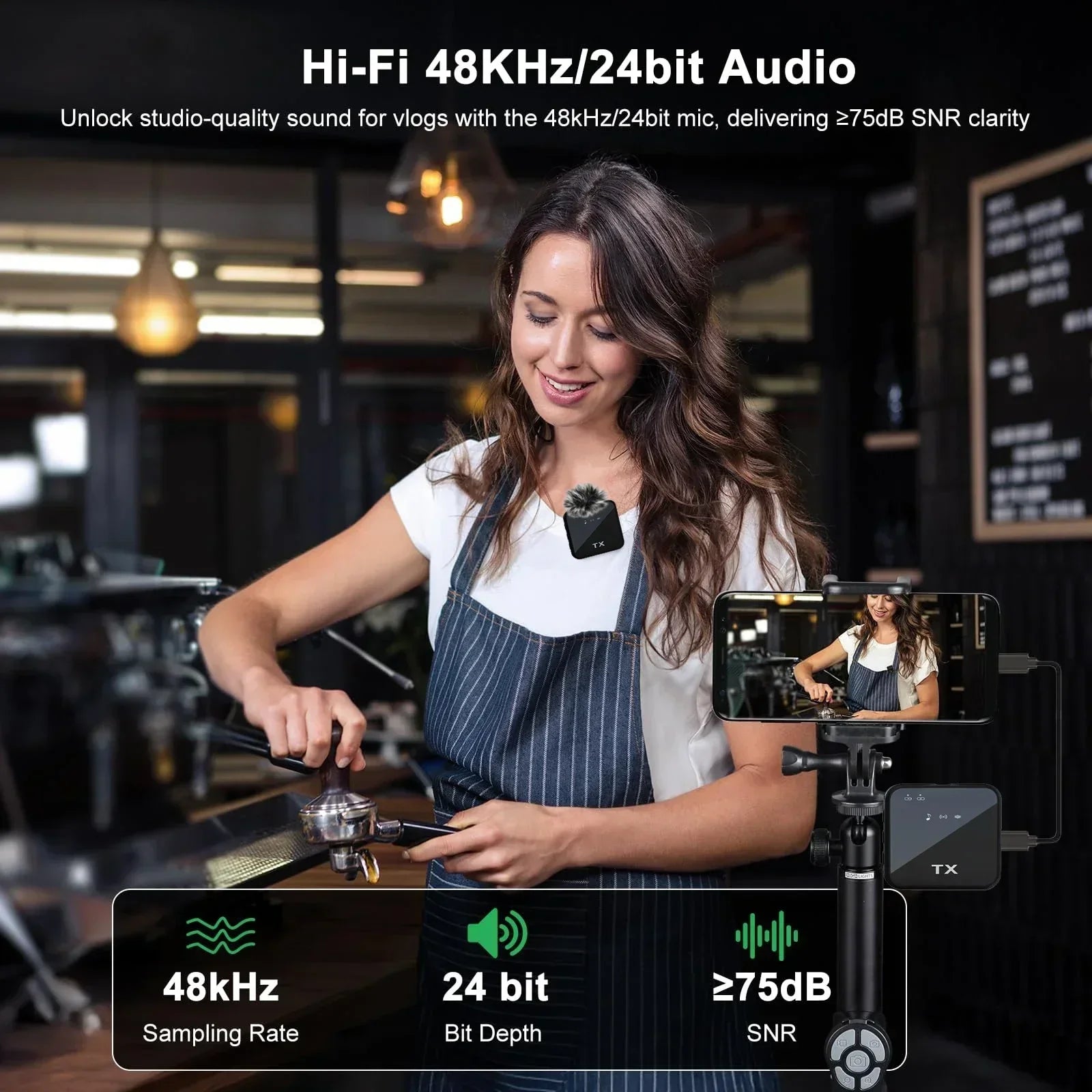 Wireless lavalier microphone for iPhone, camera, Android, reverb video recording, podcast noise reduction clip on microphone