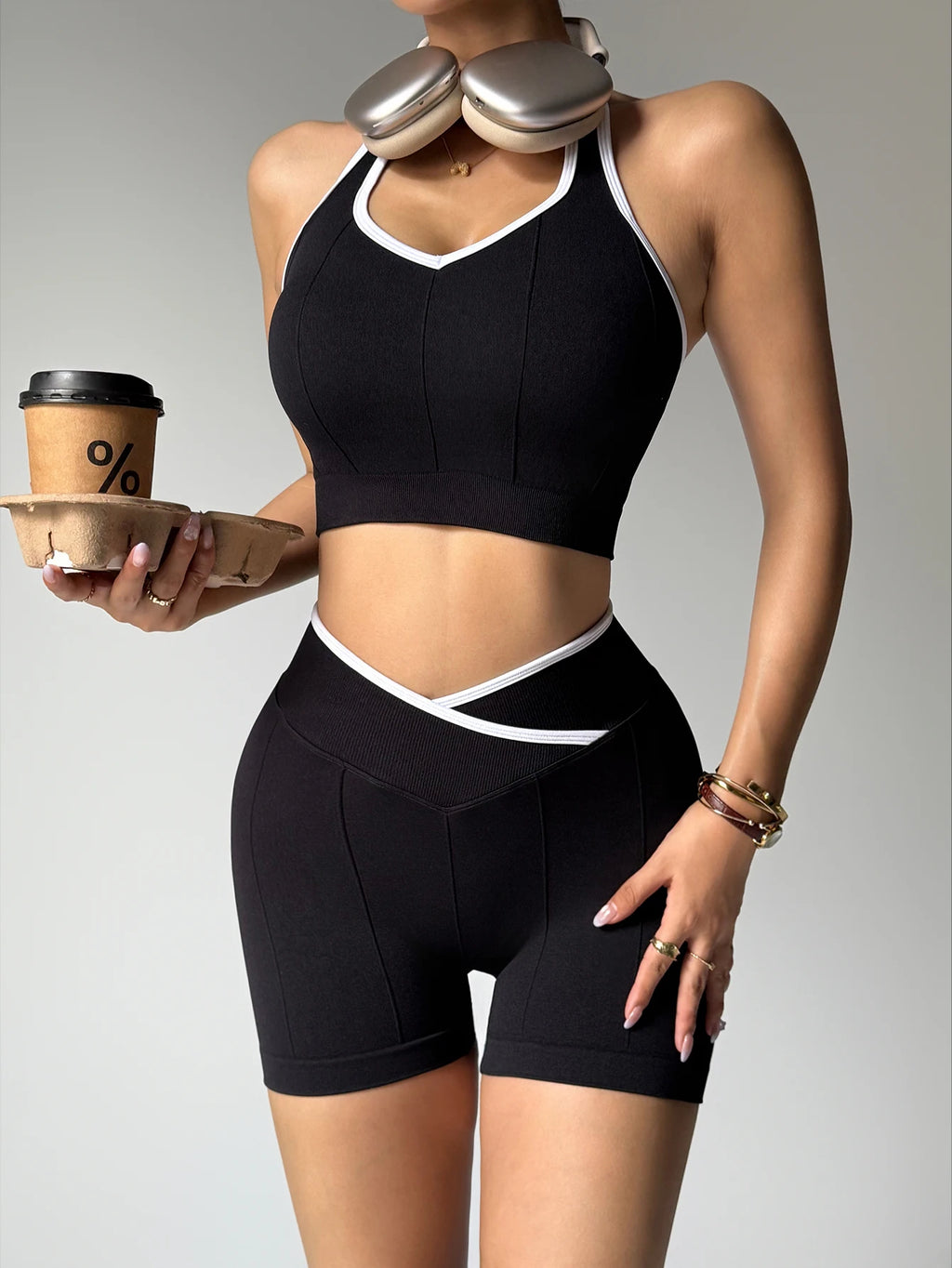 Women’s 2-Piece Yoga Gym Set - Black & White Patchwork Halter Top & High-Waist Shorts