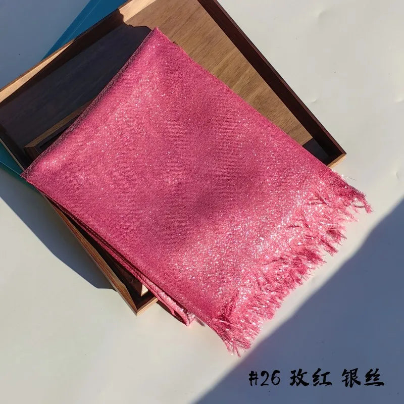 Lastest Brand Design Scarf Shiny Solid Color Shawls Rayon Fabric Gold Silk Silver Wire Head Shawl Fringe Hijab For Women