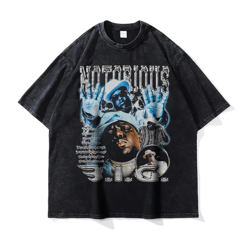 Biggie T Shirts Vintage Washed Hip Hop Rapper Singer Harajuku T-shirt Oversized DTG Y2K Short Sleeve Tops Tees Men 100% Cotton