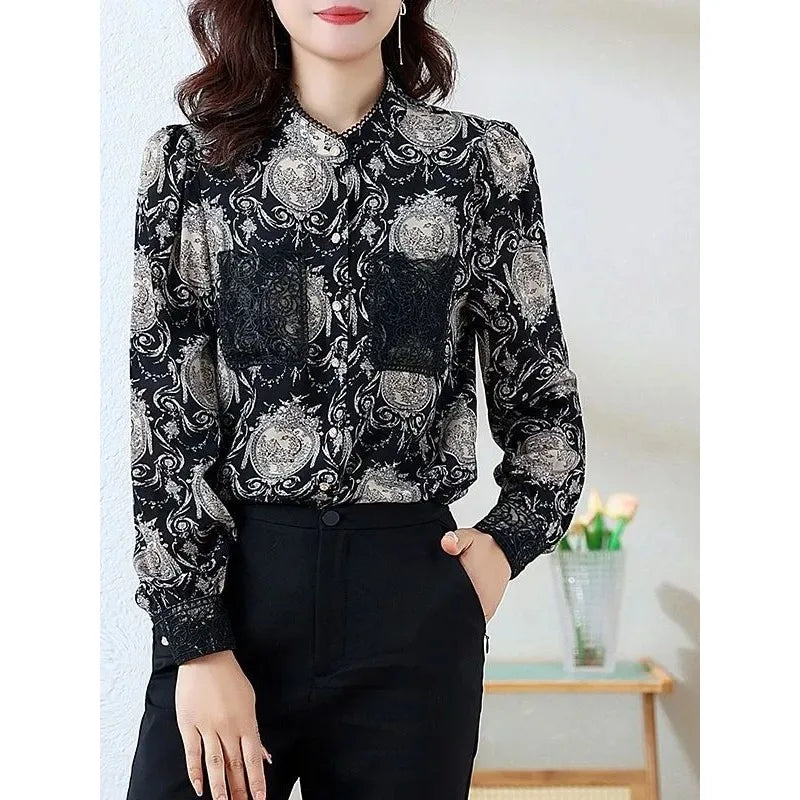 Women's Printed Satin Shirt - Slim Fit Long Sleeve Blouse for Spring & Autumn, Office Wear