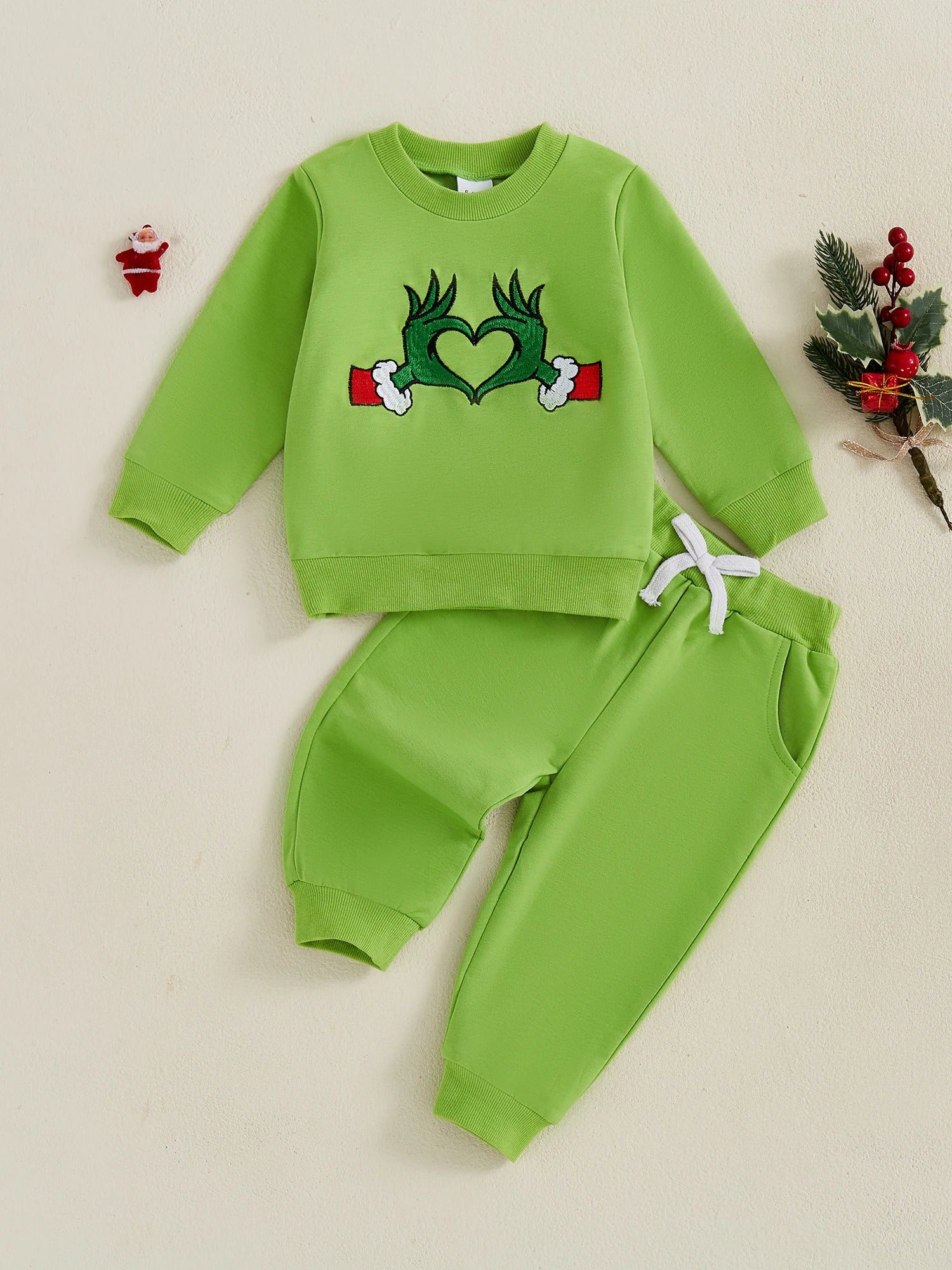 Baby Boy Girl Christmas Outfit Green Monster Long Sleeve Sweatshirt Solid Long Pants 2 Piece Set