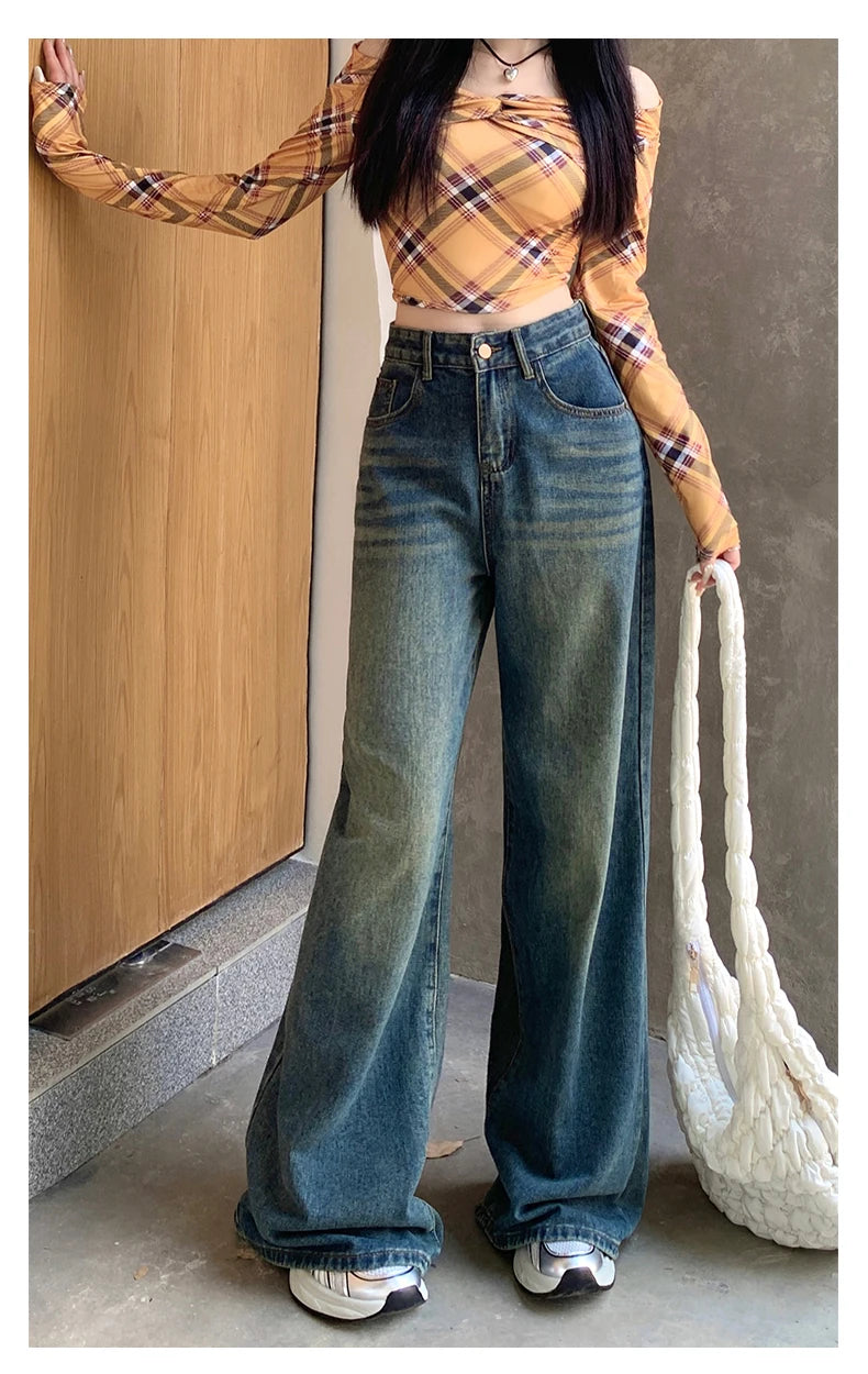 Womens Jeans Denim Pants 2025 Euramerican High Waist Girl Style Colorful Straight Leg Wide Leg Trousers