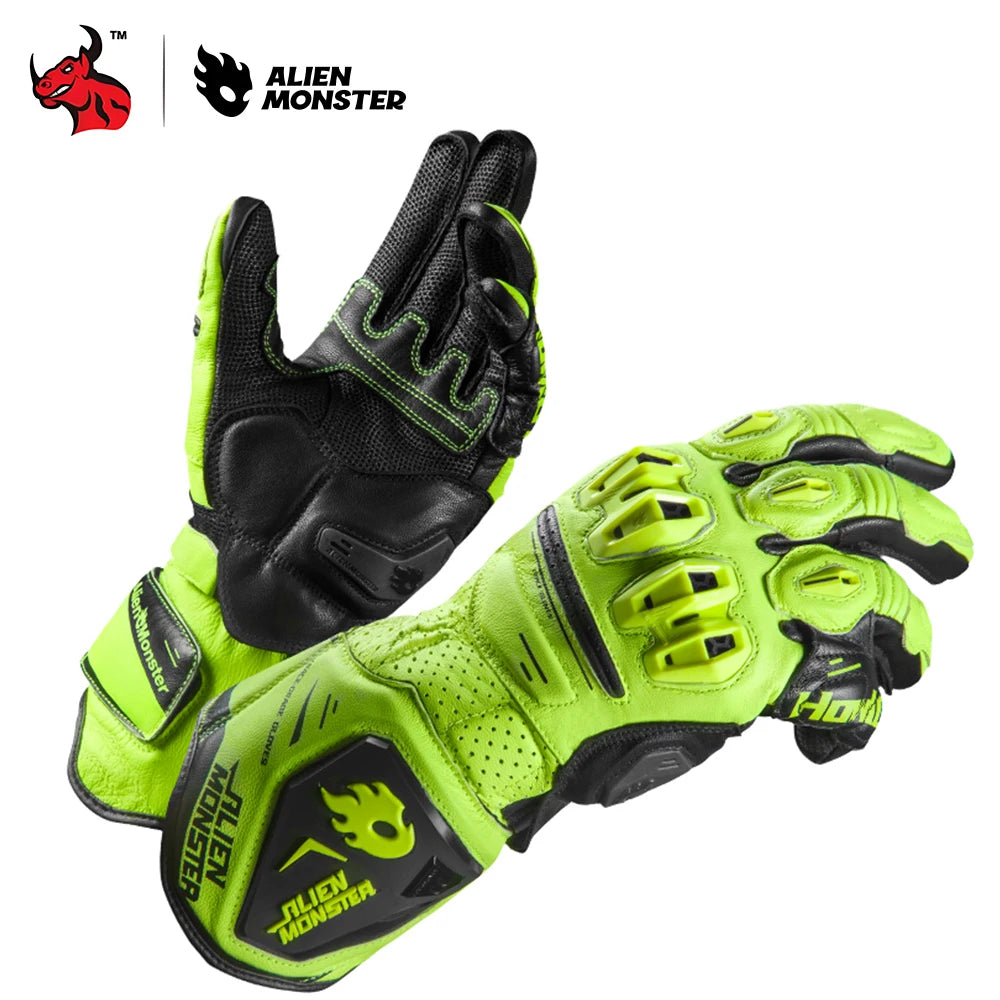 Motorcycle Gloves Full Finger Genuine Leather Long Abrasion-Resistant Riding Gloves with Knuckle Wrist Protection